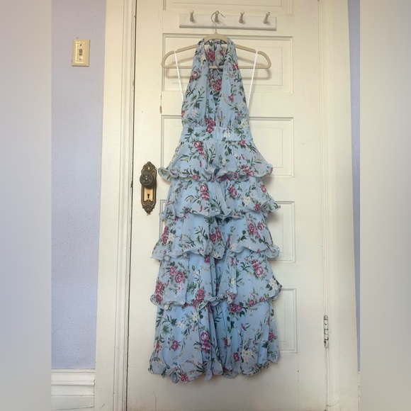 Lulus Light Blue Floral Tiered Halter Midi Dress Small Wedding Guest Coquette - Picture 3 of 8
